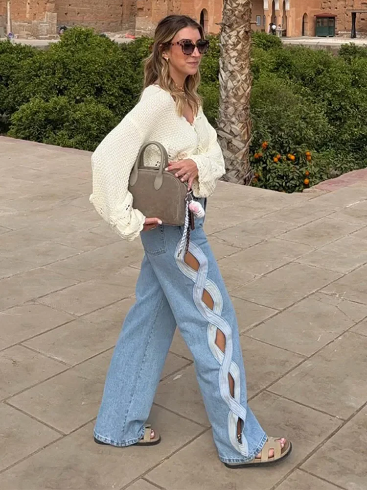 Jean Femme Tendance Été en Denim Taille Haute à Découpes, Coupe Large avec Poches, Style Y2K 2026, Polyvalent, Tendance Urbaine