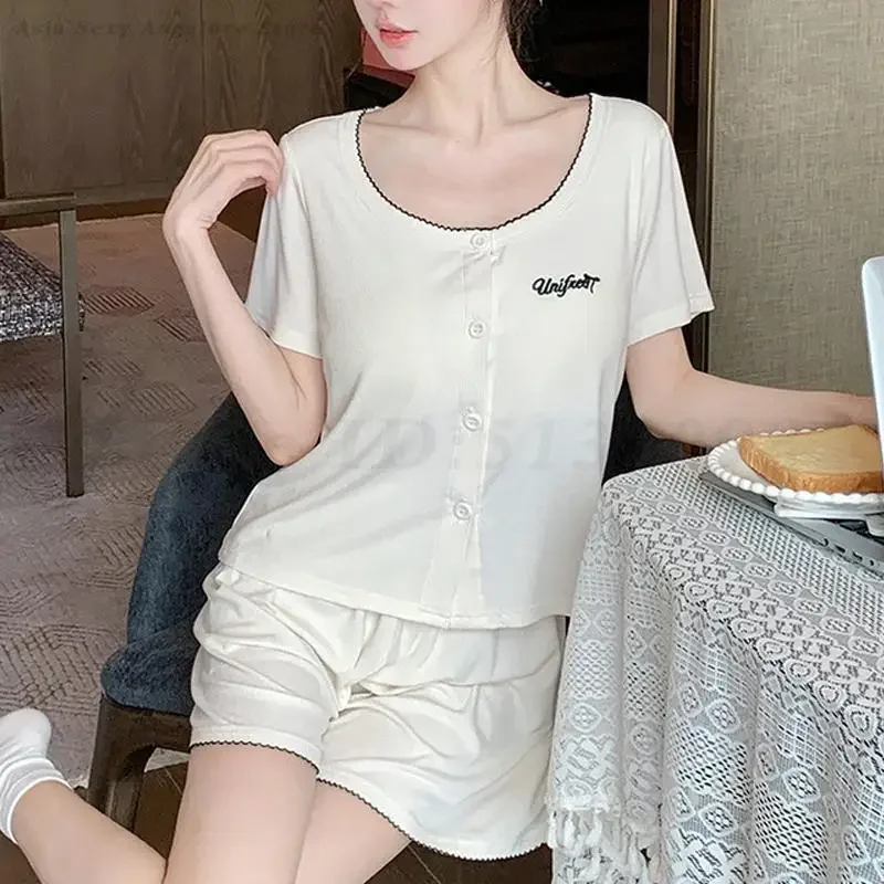 

Modal Soft Pajamas Set Elegant Home Clothes Sleepwear Women Loose Short Sleeved Shorts Suit Loungewear Summer Sexy Nightwear