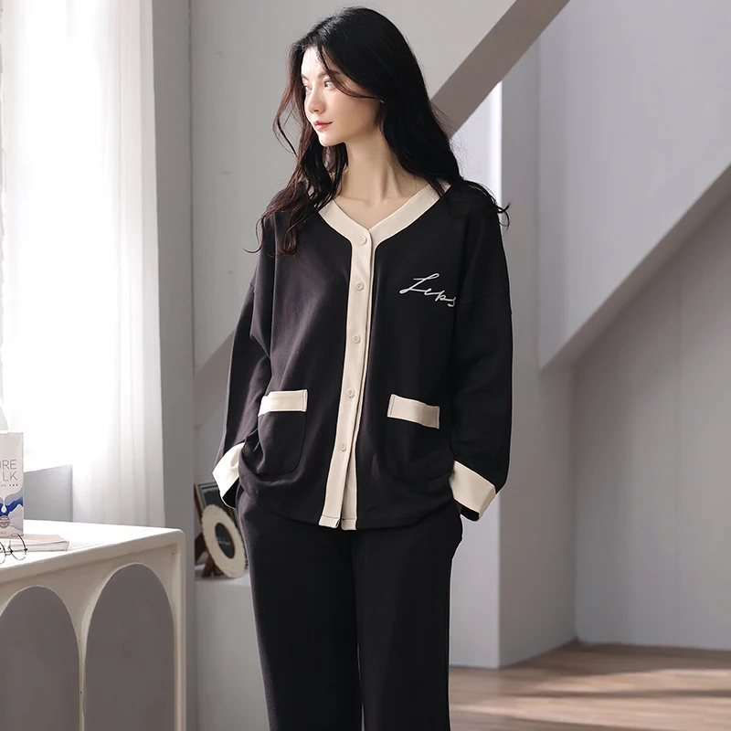 

Fashionable black and white style V-neck cardigan and kimono women's pajamas all cotton spring and autumn set loose M-XXL