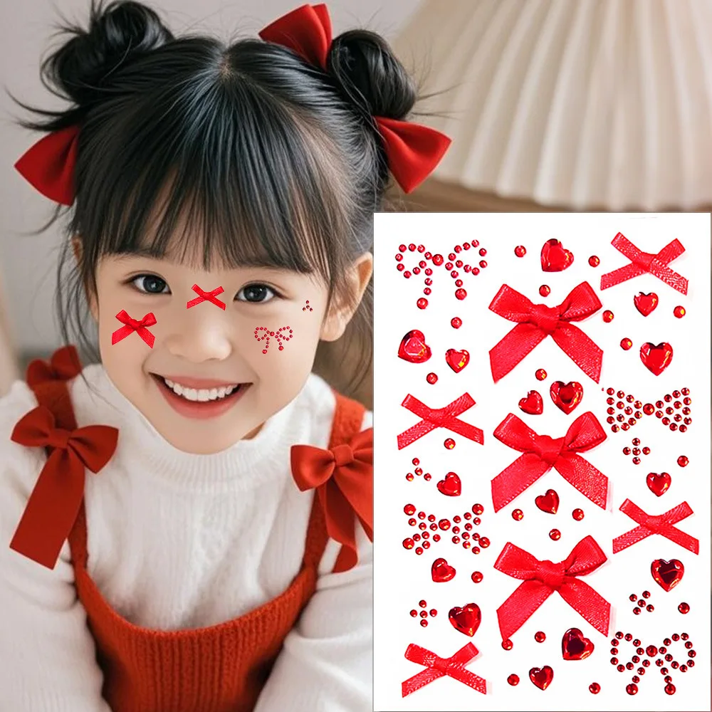 

2 шт. 3D Рождественская красная лента с бантом в форме сердца и драгоценными камнями, татуировки для лица, наклейки для макияжа глаз, клейкие наклейки со стразами для татуировок 14 + детей и девочек