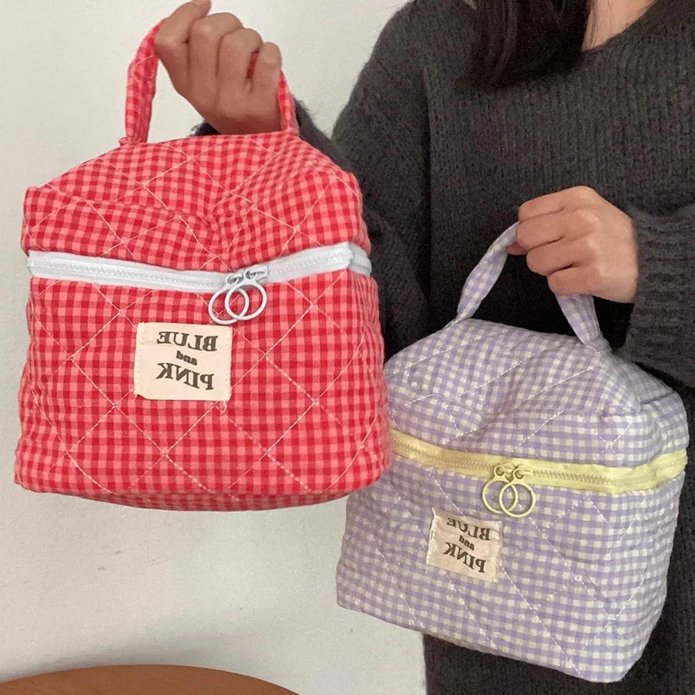 Casual Women Cosmetic Pouch Large Capacity Travel Storage Bag Sweet Plaid Ladies Makeup Bag Cotton Checkered Travel Toiletry Bag