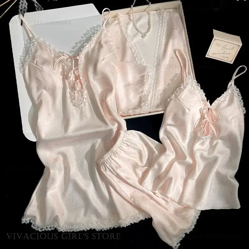 

Sexy Print Lace Female Pajamas 4Pcs Set Silky Satin Bath Robe Nightgown Cami Shorts Pijamas Suit Spring Summer New Homewear