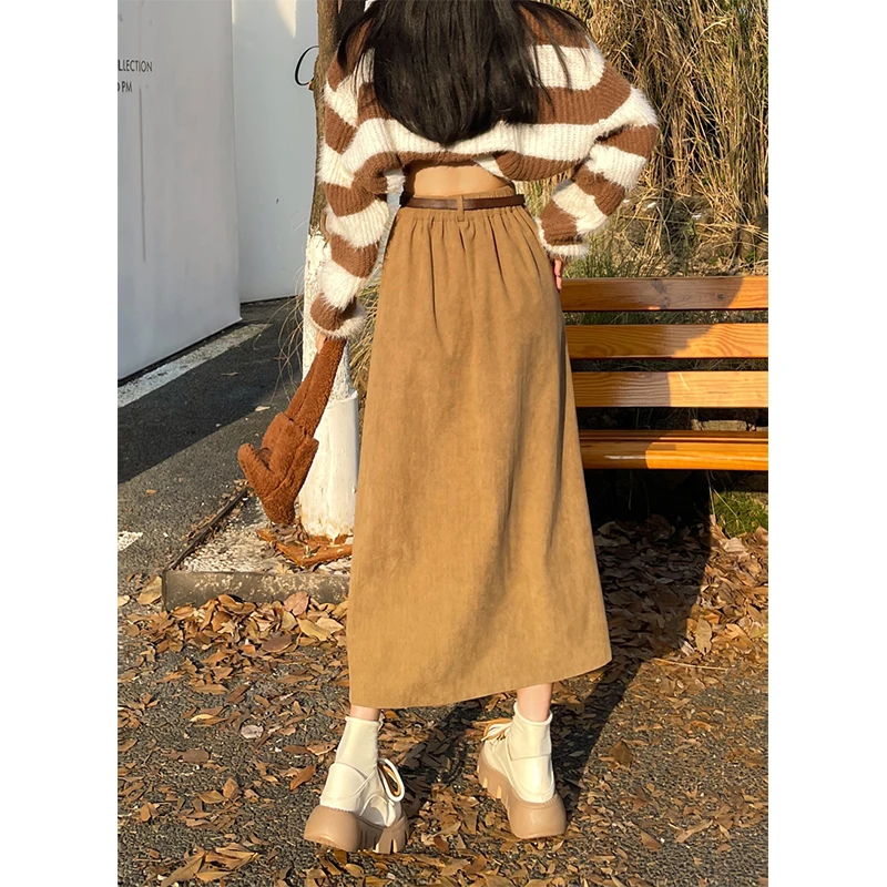 Vintage Belt Corduroy Midi Skirt Women High Waist Pleated A Line Skirts Autumn Winter Streetwear Korean Casual All Match Skirt