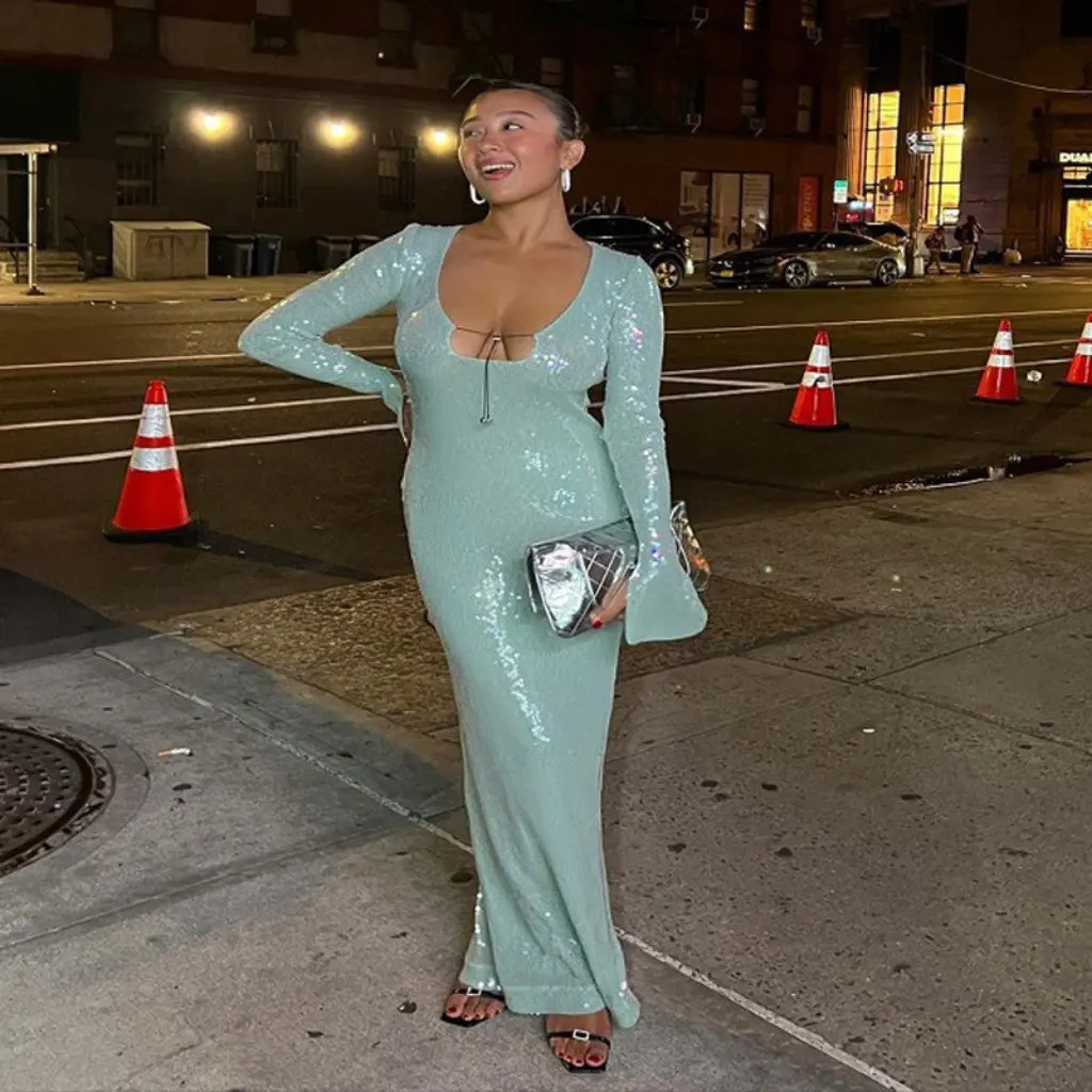 الأوروبية والأمريكية الراقية الأزياء الترتر الخامس الرقبة عارية الذراعين سليم صالح منتصف طول اللباس محطة مستقلة ملابس الحفلات #3