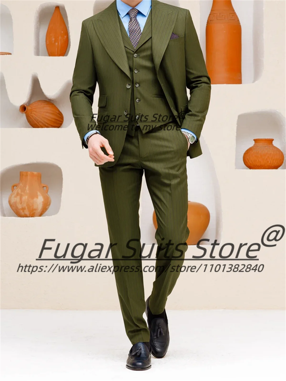 High-end Green Stripe Groom Prom Tuxedos Custome Made Slim Peak Lapel Formal 3Pcs Sets High-qublity Male Blazers traje de hombre