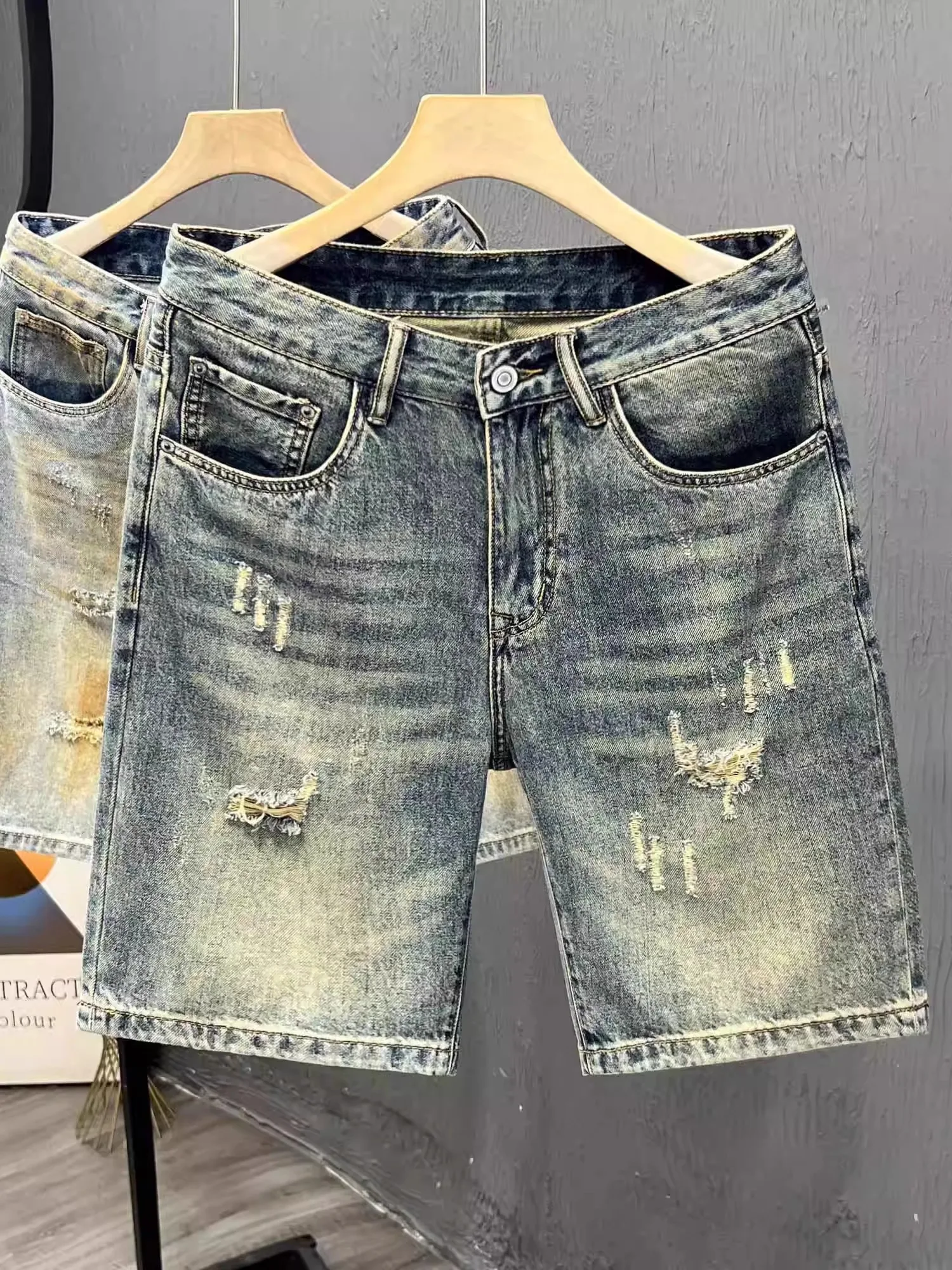 

Мужские джинсовые шорты премиум-класса с рваными элементами, летние, тонкие, универсальные, повседневные, средней длины, дышащие, прямого кроя