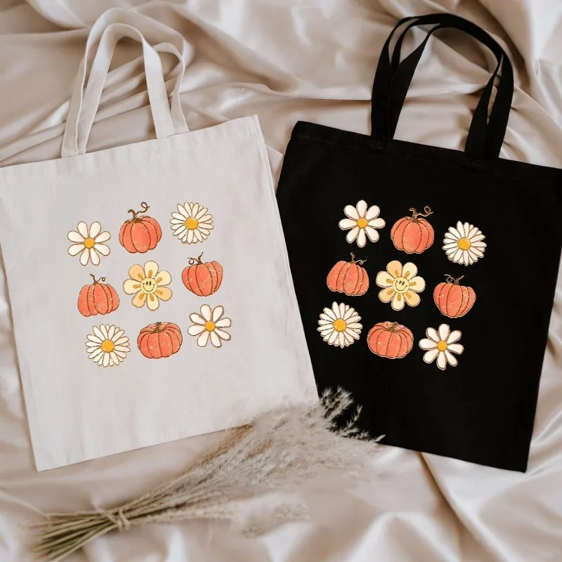 

Pumpkin Daisy Printed Canvas Tote Bag with Autumn Rustic Style Retro Student Handbag Capacity Durable and Eco Friendly Bag