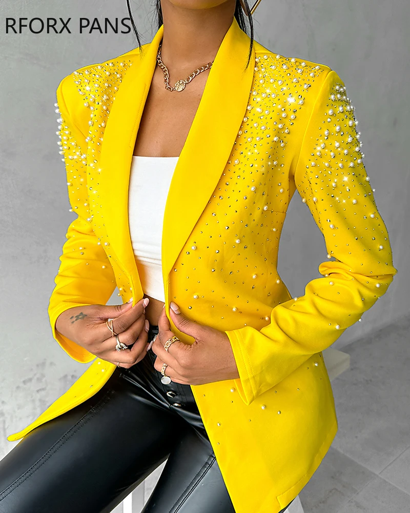 Women Elegant Solid Patchwork Beading & Sequins Decoration Long Sleeves Blazer Jacket