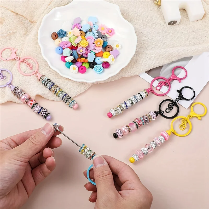 

ABHB-Beadable Keychains Bars Bulk Blank Beaded Metal Keychain For Craft DIY Gift Backpack Decoration Pendan