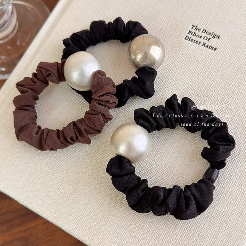 Hair Ties Strong Elastic Band with Big Faux Pearl for Women Low Bun Ponytail Everyday School Office Non Slip Durable Classic