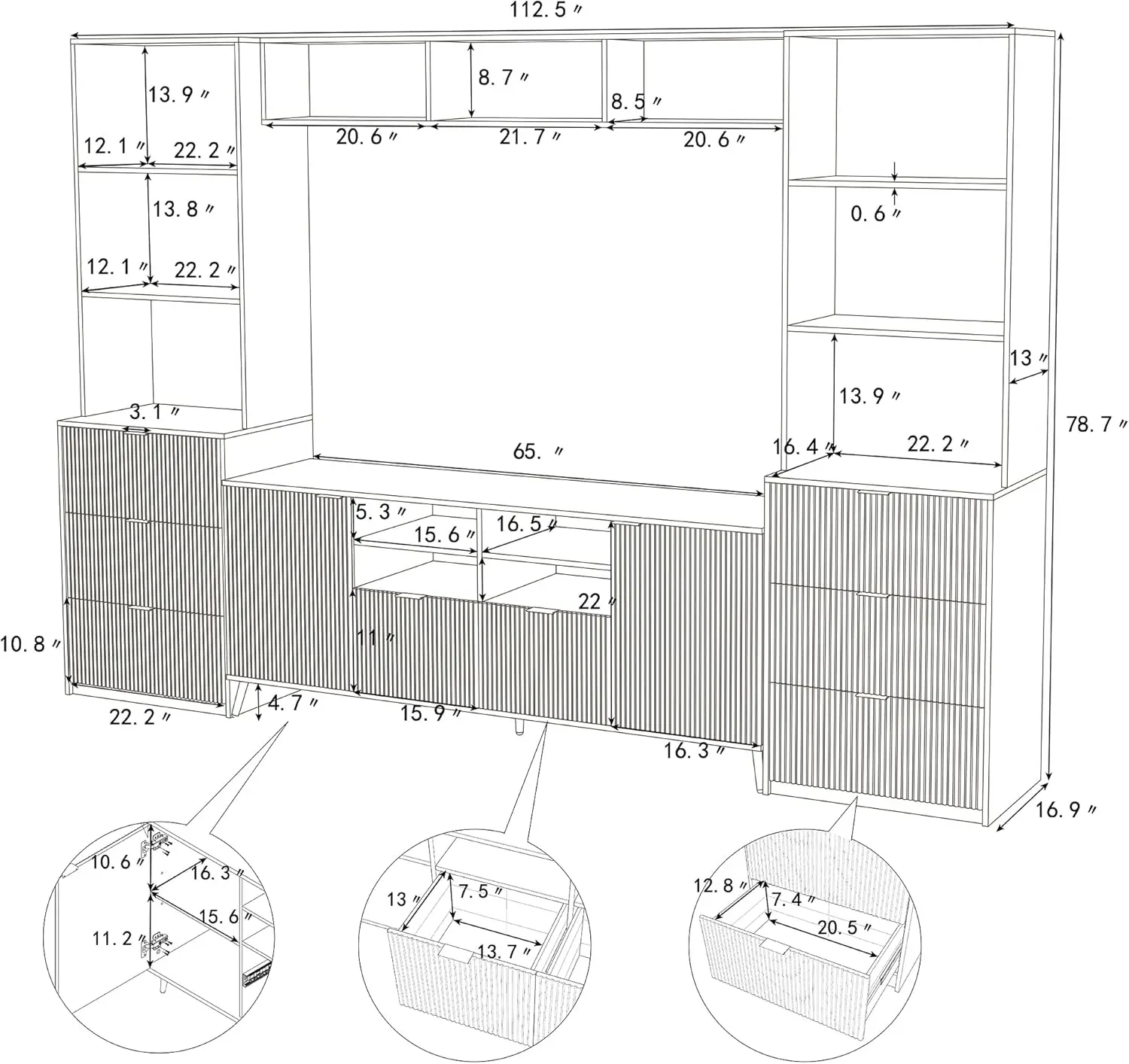 4-Piece Entertainment Wall Unit with Bridge, Modern TV Entertainment Center for TVs up to 70 Inches