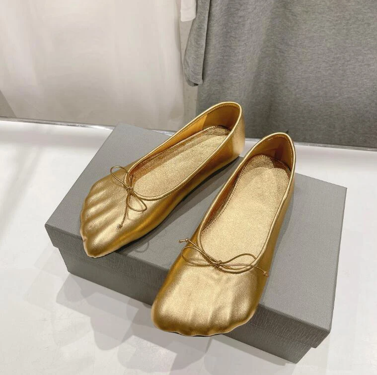 Five Fingers Shape Toe Flat Ballet Shoes Gold Silver Real Leather Bowtie Decor Slip on Squared Toe Comfortable Dance Sapatos