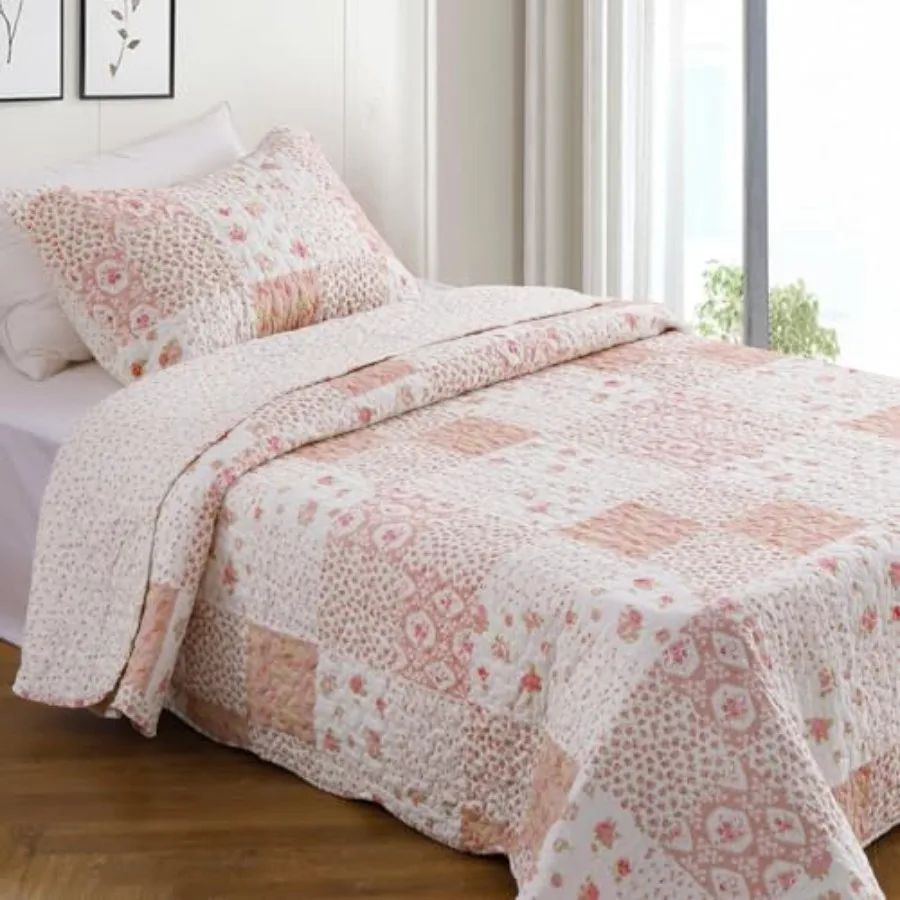 

Quilt Set 68"x86" Pink Floral Bedspread Country-Chic Quilted Bedding Set Lightweight Washed Coverlet Reversible Spring and Summ