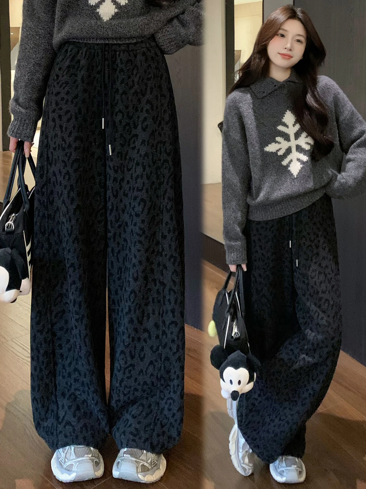 

High Waist Wide Leg Fleece Lined Casual Pants Women's Autumn Winter New Style Popular Dreamy Leopard Print Knife Pants