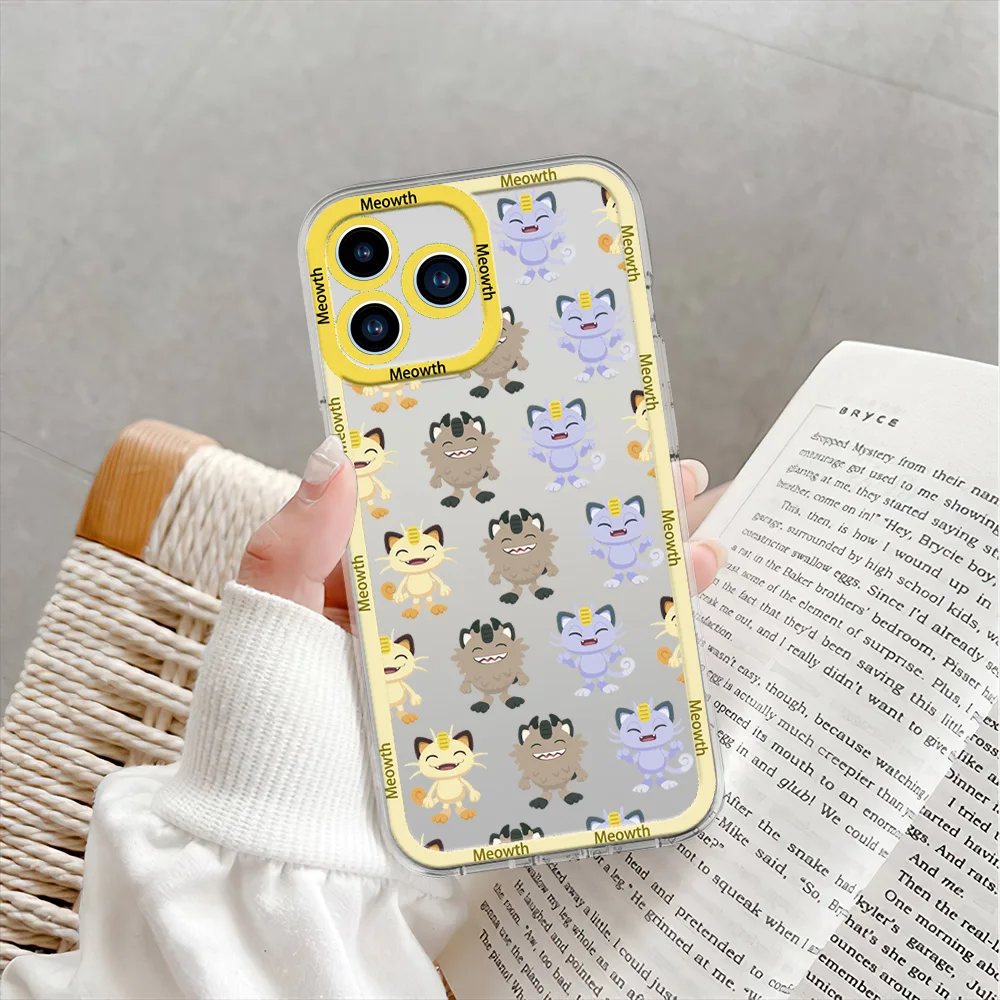 MINISO Pokemon Meowth Phone Case for iPhone 12 11 13 14 15 16 Max Pro Plus Transparent Bezel Shell