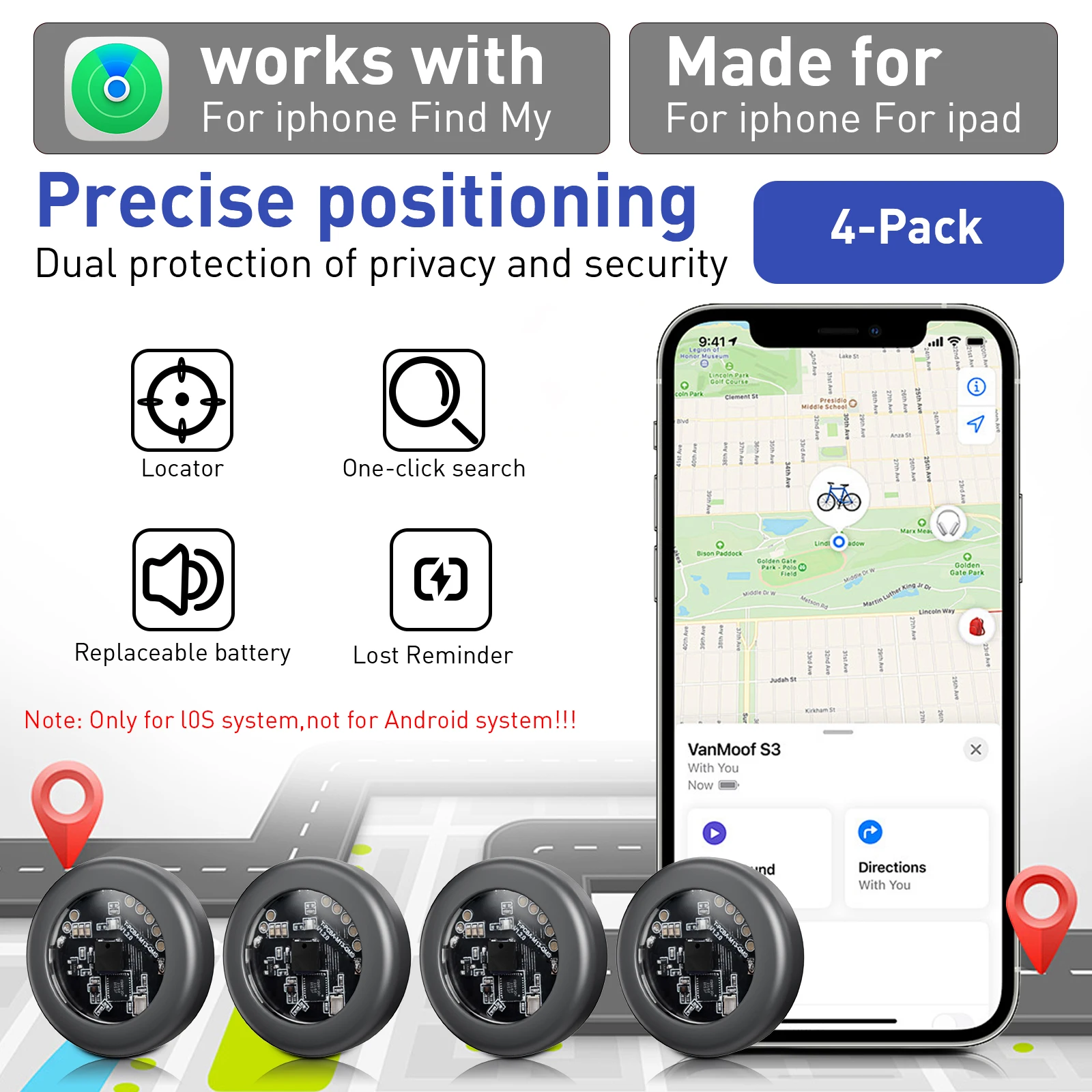 

4-pack iOS global trackers, compatible with Find My Locator and AirTag replacement trackers, with strong magnetic silicone shell