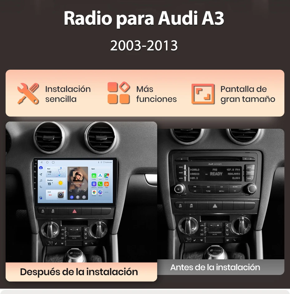 Junsun Autoradio für Audi A3 2 8P 2003 2004-2013, kabelloses CarPlay, Android Auto, intelligente Systeme, IPS/QLED-Touchscreen, 360°-Kamera, DSP, GPS-Navigation, WiFi, DAB+, RDS, FM/RAM, BT, SWC, Plug-and-Play, 2DIN, W – Detail 6