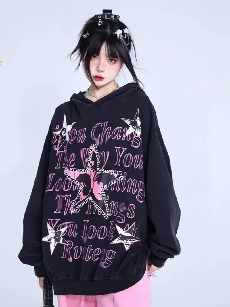 

Oversize Hooded Star Letter Print Women Y2k Sweatshirts Long Sleeve High Street Preppy Sudaderas Mujer American Casual Coats