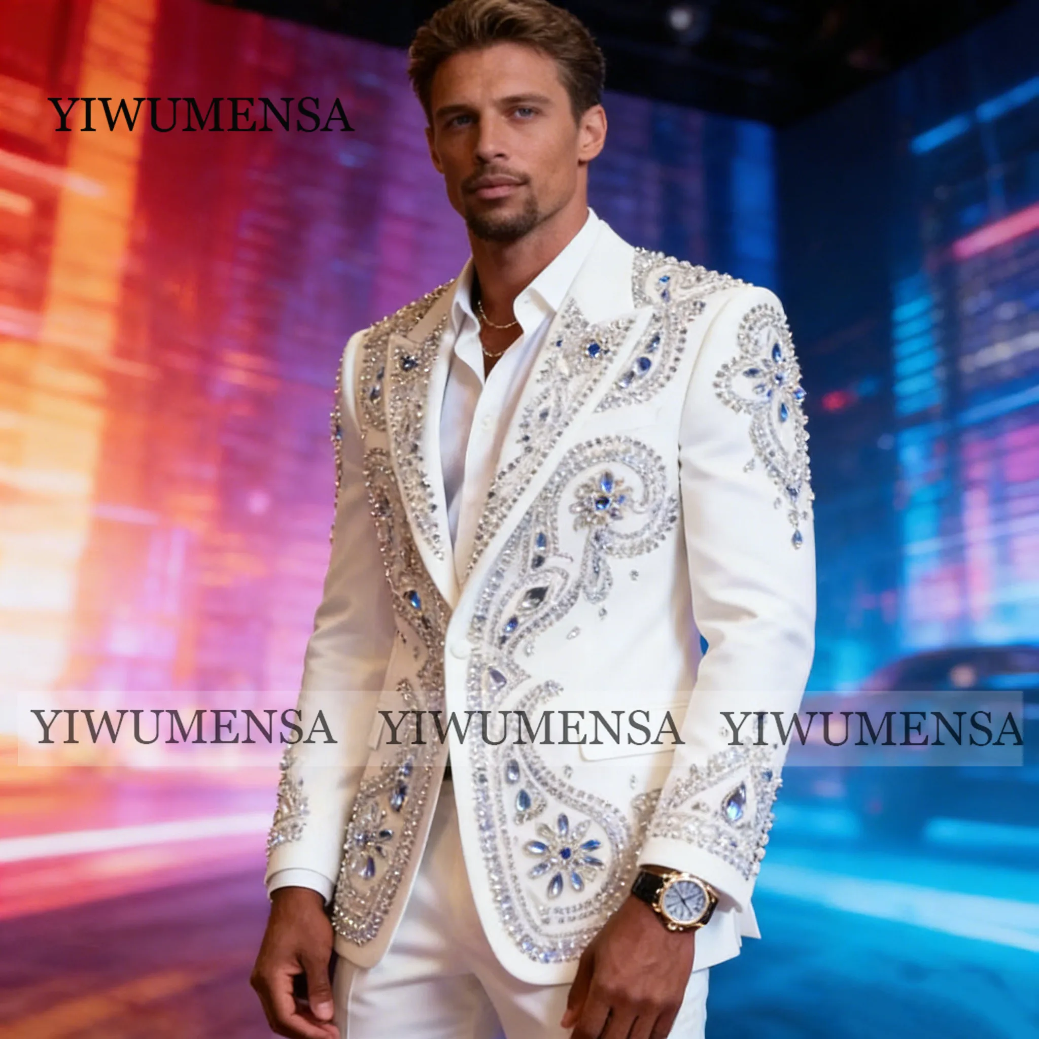 Exclusive Jewelry Stones Men's Suit For Wedding Beaded Label Prom Blazers Customized Man Formal Party Groom Tuxedos Ropa Hombre