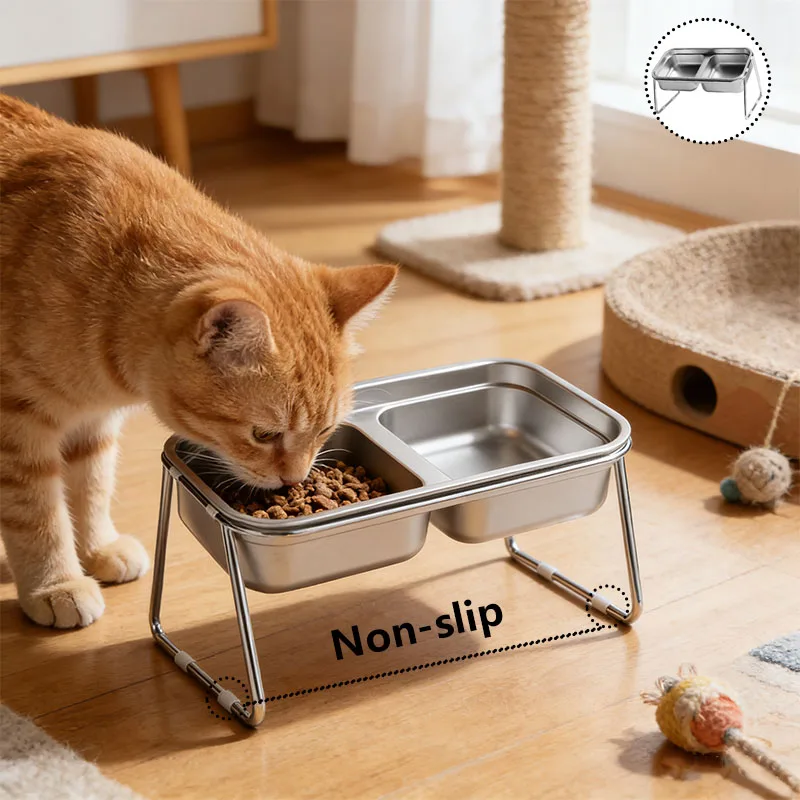 

Tilted Neck Protection Cat Food Water Bowl 304 Stainless Steel Elevated Double Bowl Anti Slip Base for Easy Cleaning Use Feeder