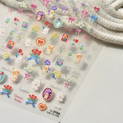 1pcs 5D Japanese Garden Rabbit Nail Art Stickers Kawaii Tulip Flower Nail Decoration Decals Self Adhesive Slider DIY Accessories