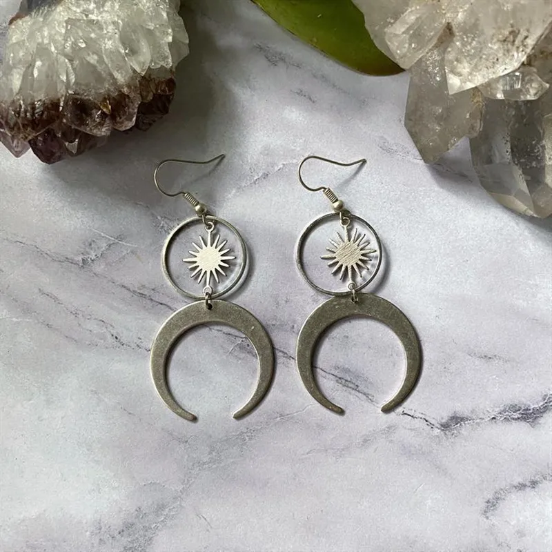 Charming Stone Crescent Moon Sun Earrings Phase Boho Witchy Brass Hippie Delicacy Novelty Jewelry Women Gift Metal Statement view 5