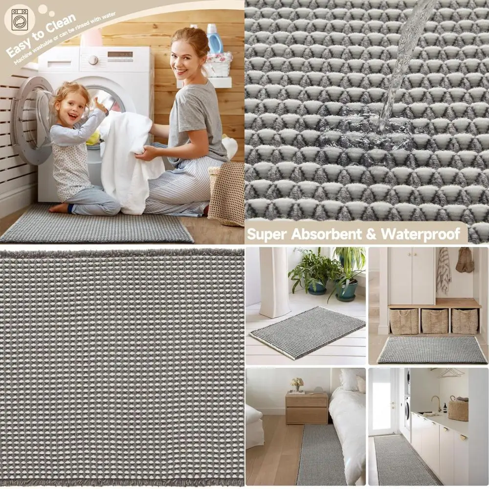 

Grey and White Boho Farmhouse Bath Mat, 48x24, Non-Slip, Super Absorbent, Quick Drying