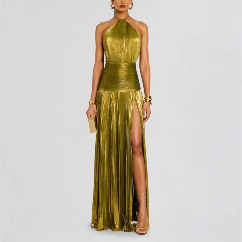 

Gold Sexy Halter Neck Evening Dress Woman Chic Pleated Backless Package Hip Slit Long Dress Fashion Trendy Lady Party Vestidos