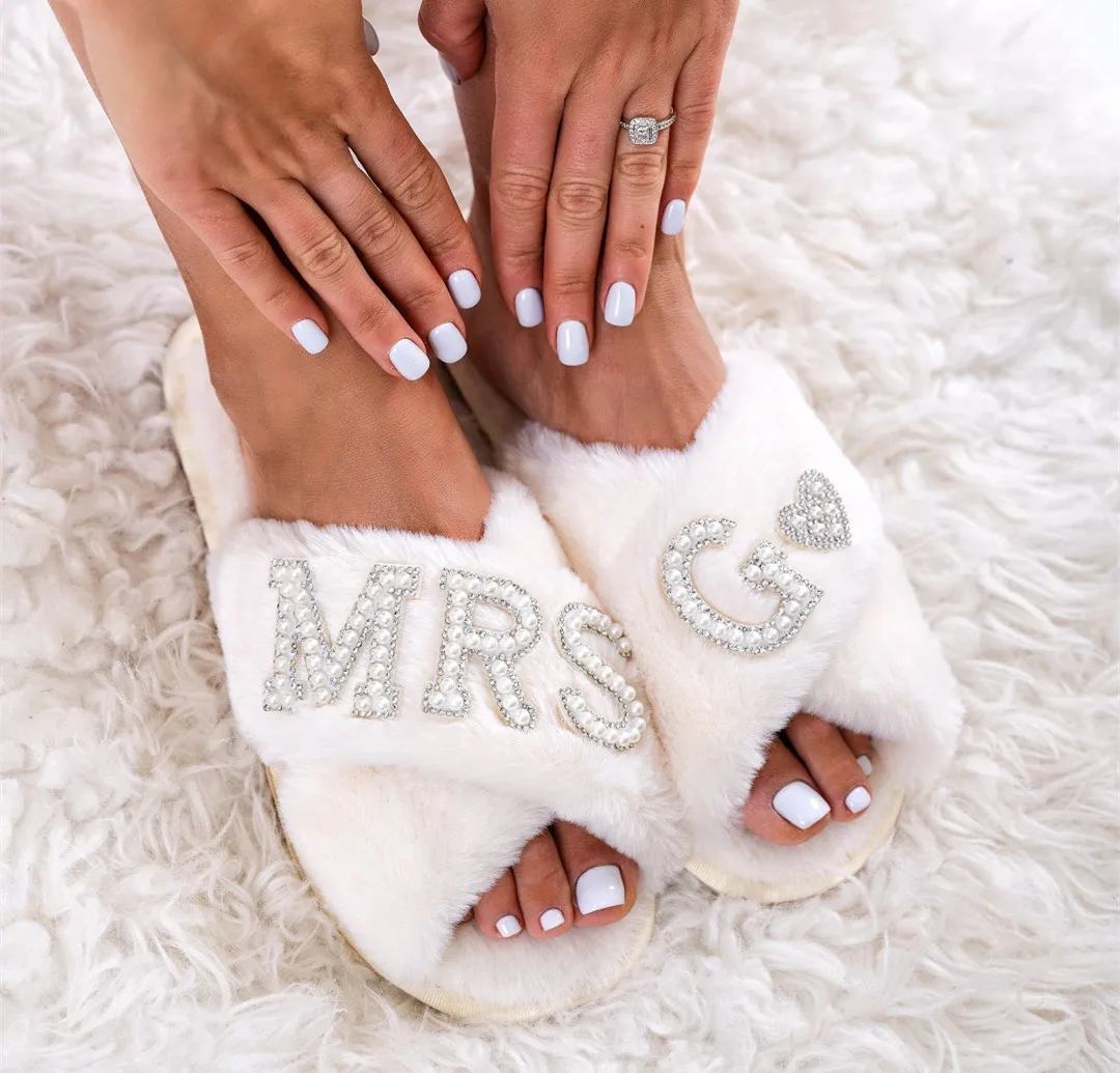 Personalized Mrs Pearls Fluffy Slippers Bridal Shower Bachelorette Party Gifts Bridesmaid Slippers Bridal Slippers