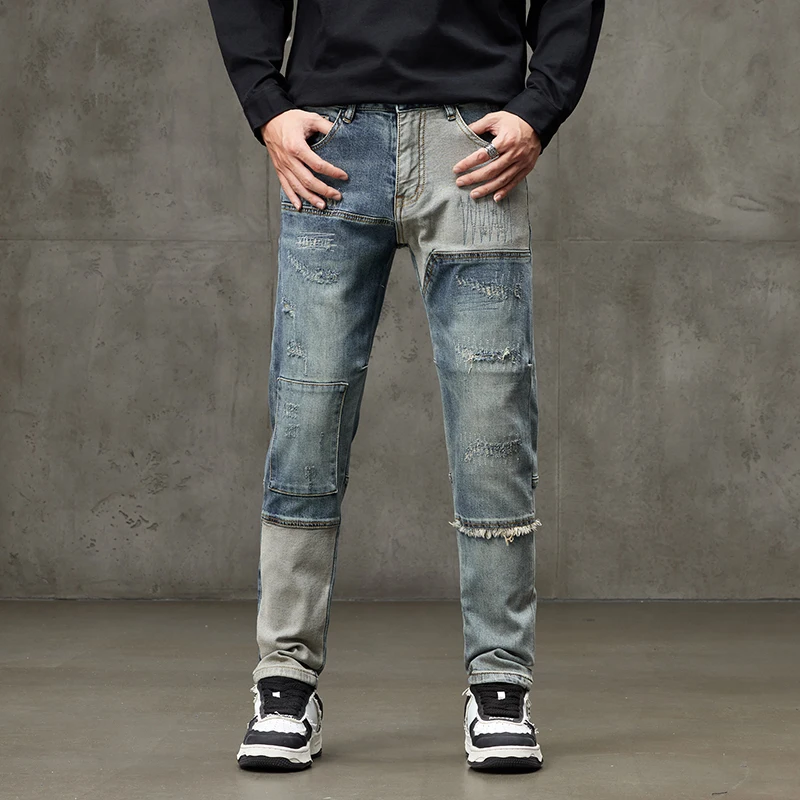 

High-end fall and winter tide patch patch embroidery Slim plump handsome personality splicing men's small straight leg jeans