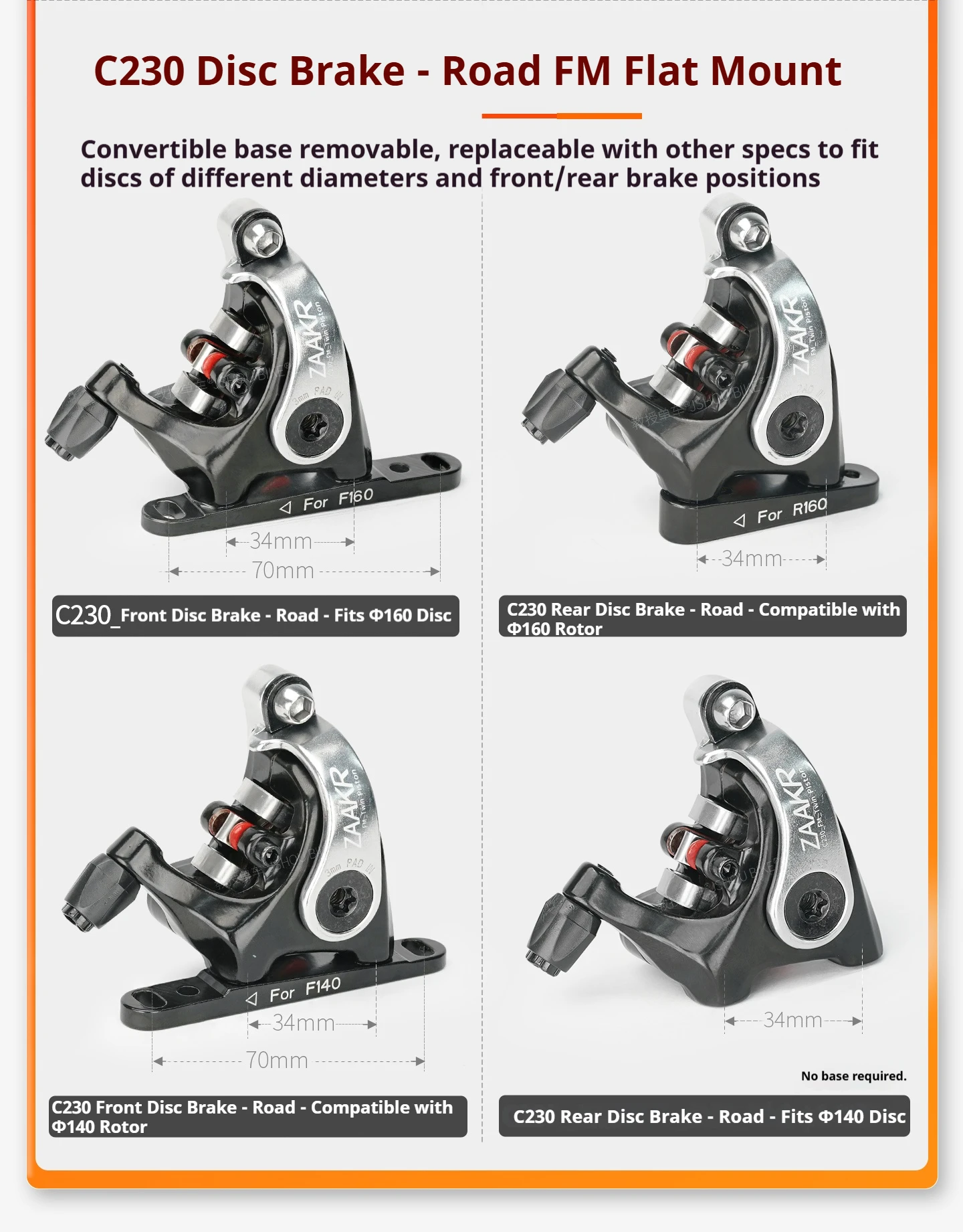 ZAAKR Mechanischer Bremssattel Modell C230-C235 Vergrößerter Kolben, leichtes Design für Fahrräder mit Flat-Mount- und Post-Mount-Befestigung – Detail 8