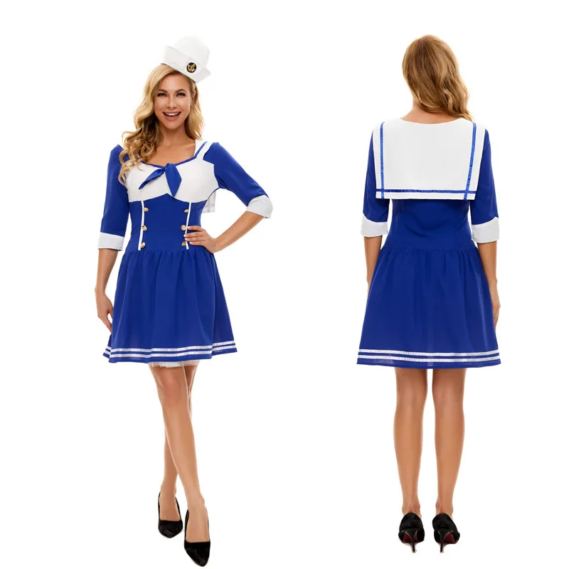 

Women Sexy Sailor Costume Adult Navy Sailor Suit Blue Navy Fancy Dress Women Halloween Cosplay Party Clothing With Hat