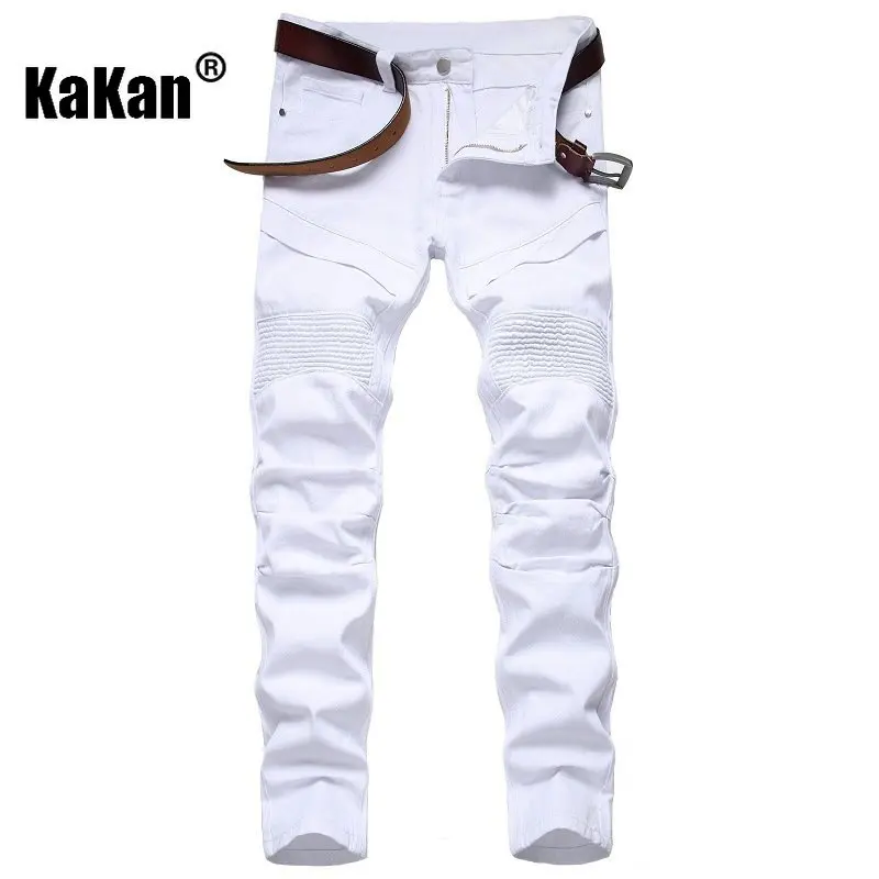 Kakan - European and American original personalized motorcycle slim straight tube men's jeans, white new jeans men's K02-938