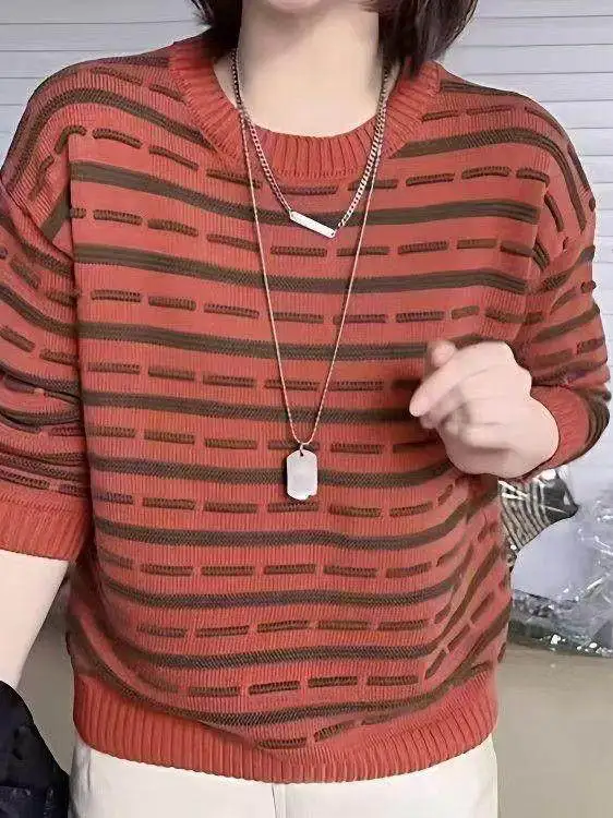 Autumn Winter round Neck Striped Knitted Long Sleeve Loose Women's Base Shirt Versatile Inner Wear Fashionable Color Block Sw...