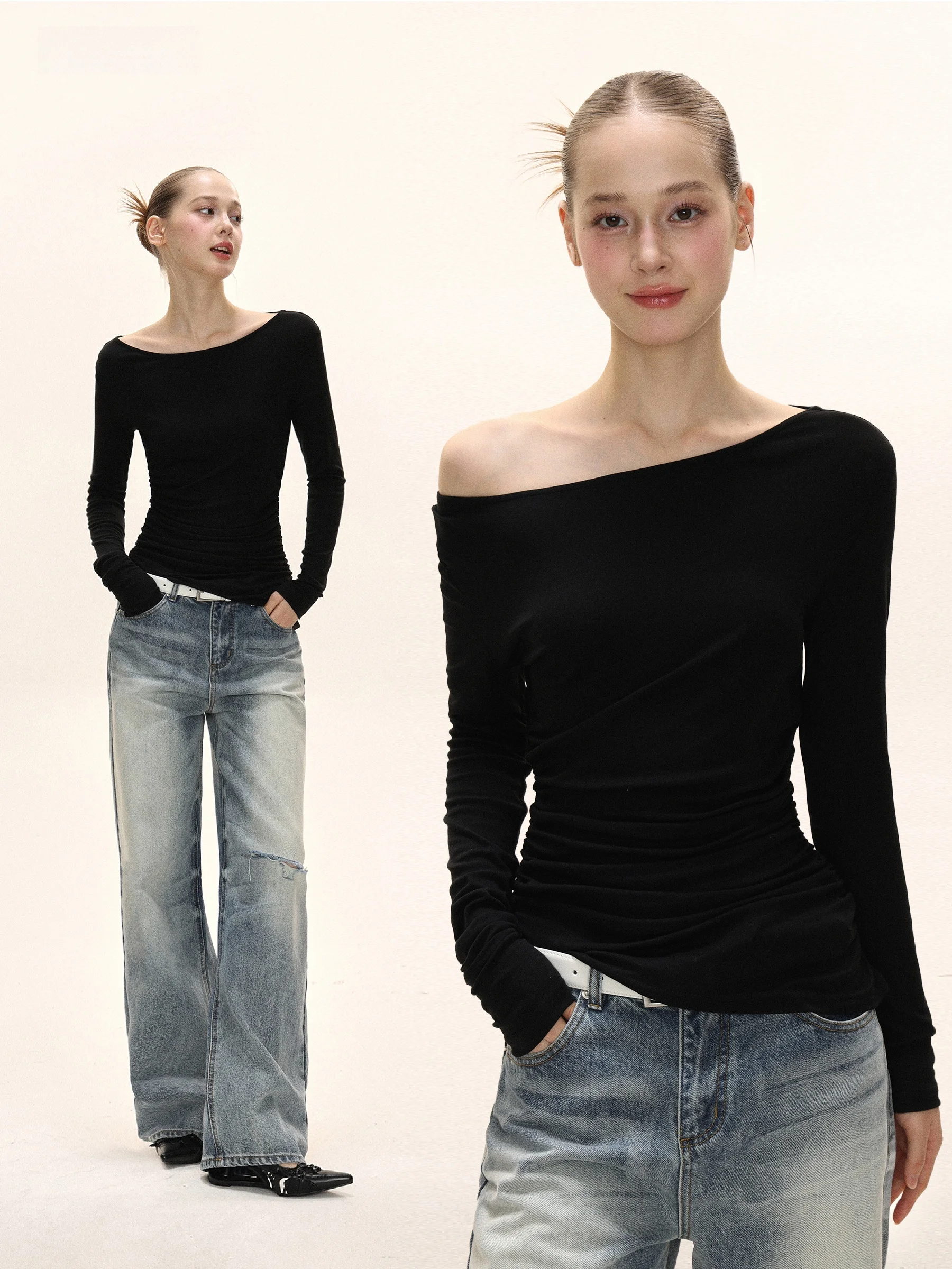 

Американская повседневная тонкая футболка Long Sve, женская свободная футболка с наклоном ленивого плеча для осенних путешествий, йоги, домашнего повседневного использования