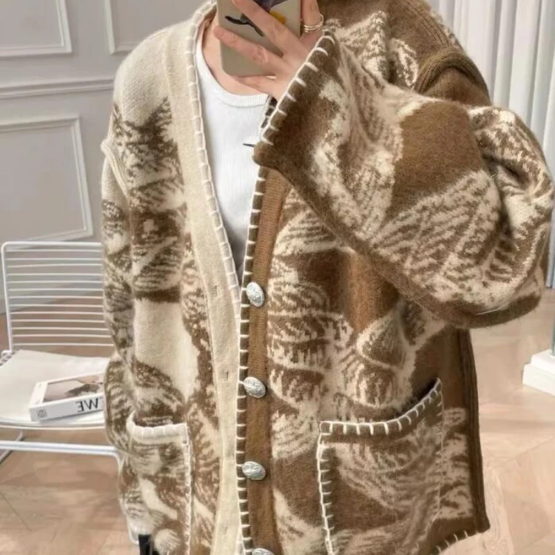 Knitted Cardigan Women Sweater Loose Vintage Winter Warm Coat Ulzzang V-neck Fashion Personality Mujer Chic Streetwear Clothes