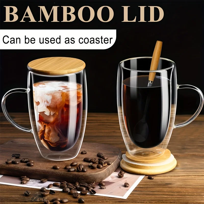 2PCS Transparent Double Layer Glass Cup With Wooden Cover Spoon Household Coffee Mug 350/450ML Coffee Cappuccino Espresso Cup