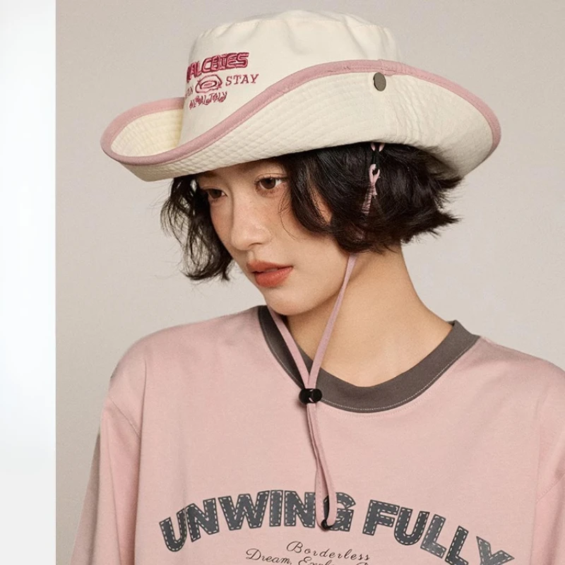 Korean Version Summer Letter Embroidered Lace-up Bucket Hat for Men and Women Outdoor Large Brim Shading Western Cowboy Cap