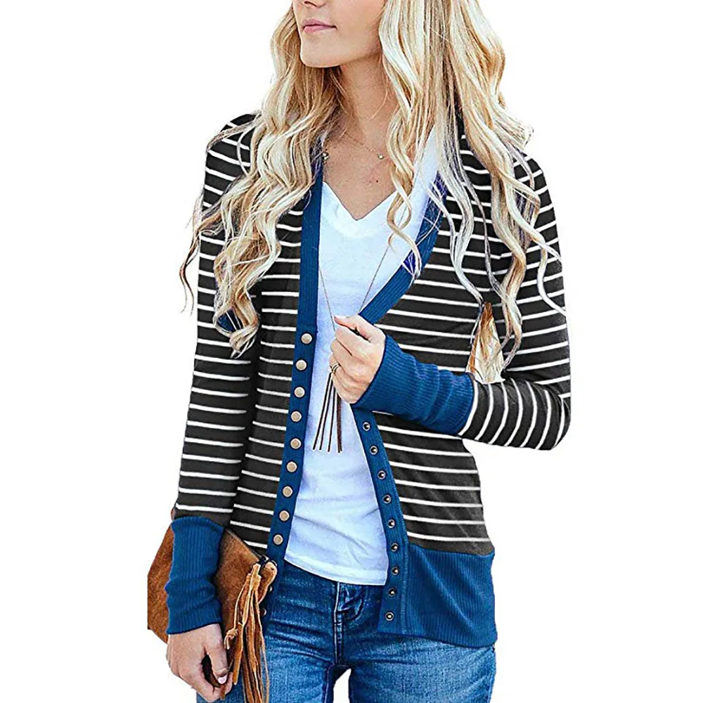 Spring Autumn Women's Stripe Spliced Mid Length Long Sleeve Single Breasted Cardigan Coat