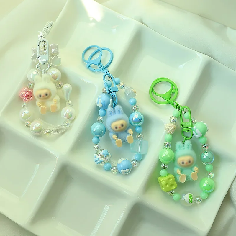 Labubu Cute Cartoon Beaded Pendant Keychain Anime Keyring Backpack Pendant Flocking Bag Doll Decoration Accessories Gifts