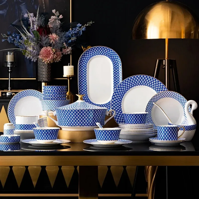 High-grade embossed china tableware bowl dish combination household European style ceramic bowl dish set gift tableware