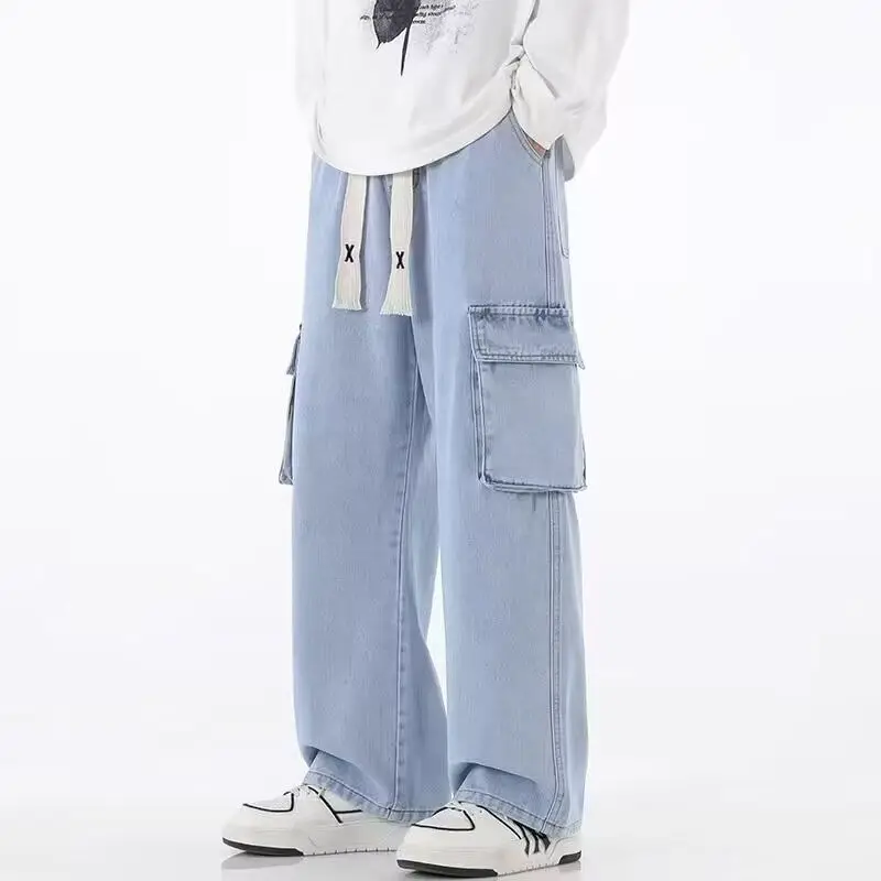スモークグレーワークジーンズメンズ秋の新スタイルルーズフロアストレートパンツマルチポケット