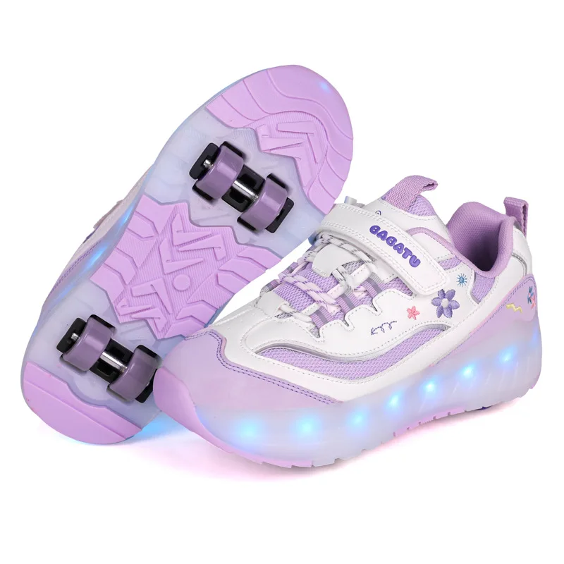 

Children's Light-up Roller Skates with Four Wheels Kids Breathable Double Mesh Surface Flying Shoe Girls Walking Shoes