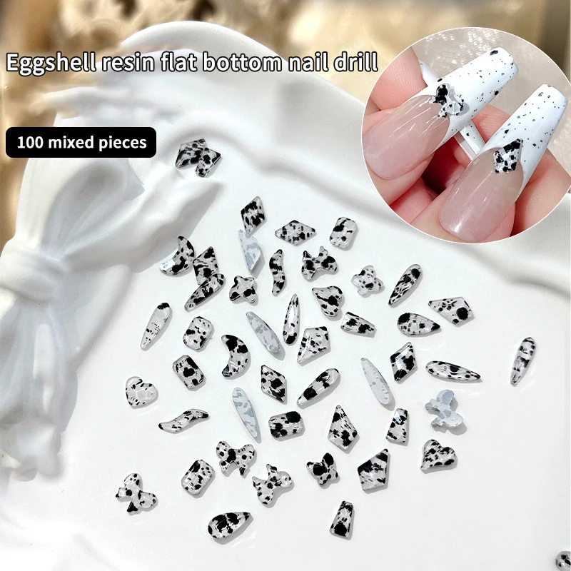 100Pcs White Black Cow Spots Diamonds Flatback Quail Eggshell Mix Shapes Resin Nail Art Rhinestones Decorations Manicure Charms