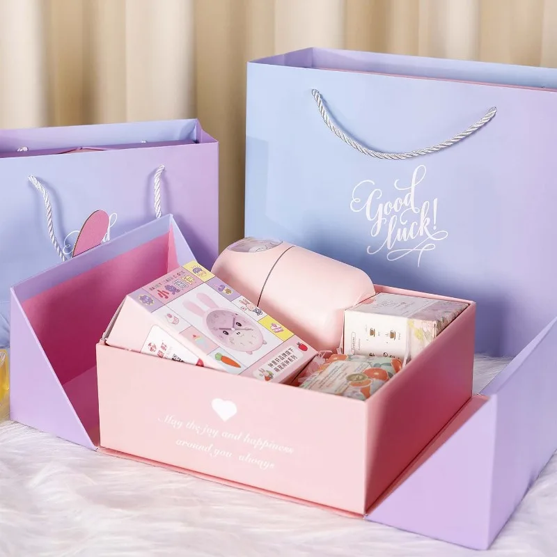 Double Door Gift Boxes with Handbag Purple Exquisite Birthday Wedding Holiday Present Packaging Packing Box Portable Bag