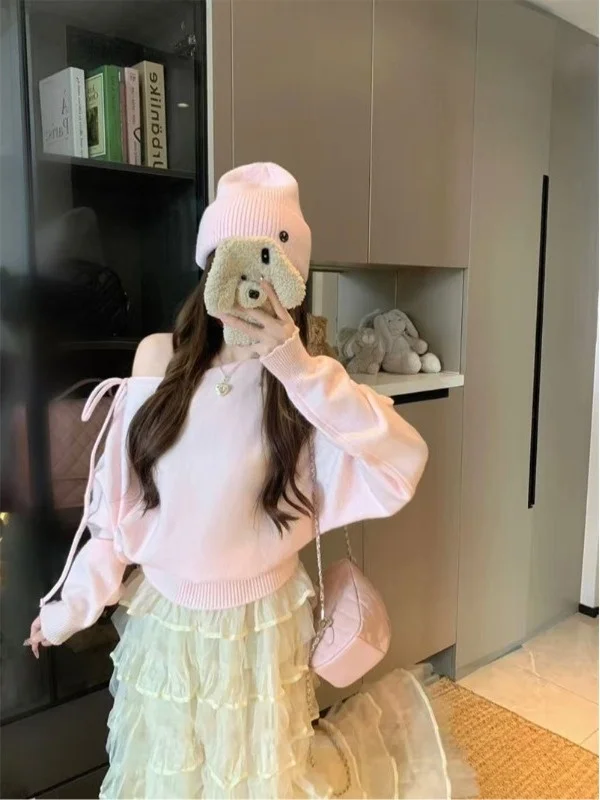 

Розовый длинный вязаный свитер с открытыми плечами, женский свободный крой, модный утягивающий топ на осень 2023 года, Новое поступление