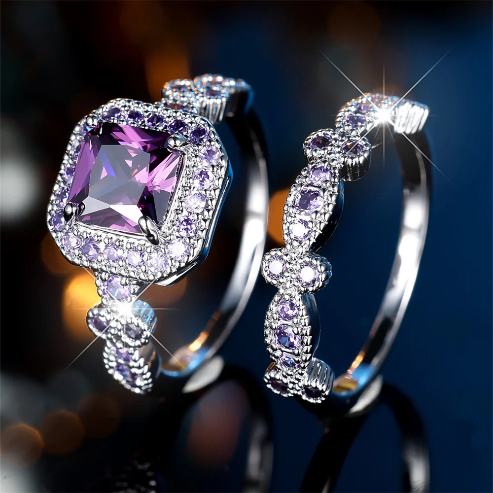 2pcs/Set Purple Crystal Square Stone Engagement Promise Ring Sets For Women Vintage Silver Color Wedding Jewelry Bridal Set Gift