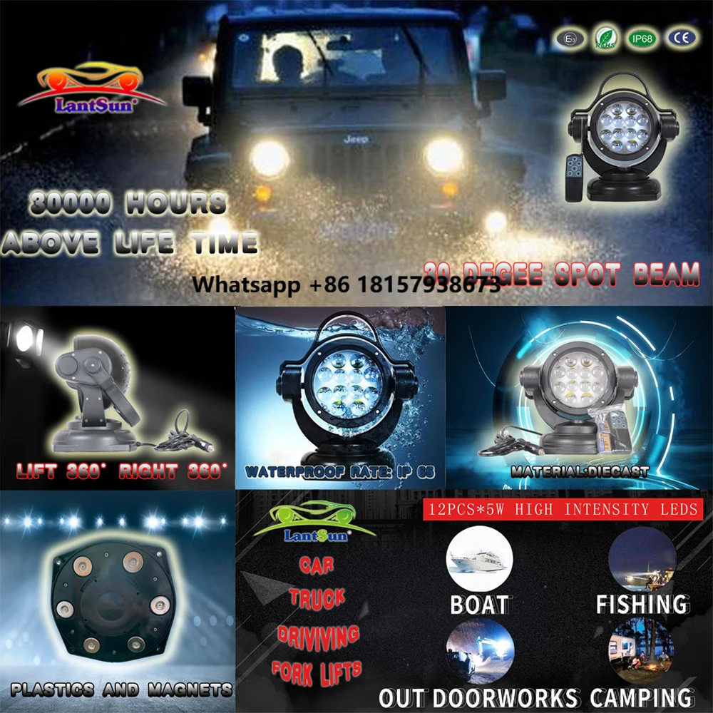 

60w Led Search Light Remote Control 360 Degrees Rotating Led Work Light for Hunting Camping Offroad Truck Boat Led530