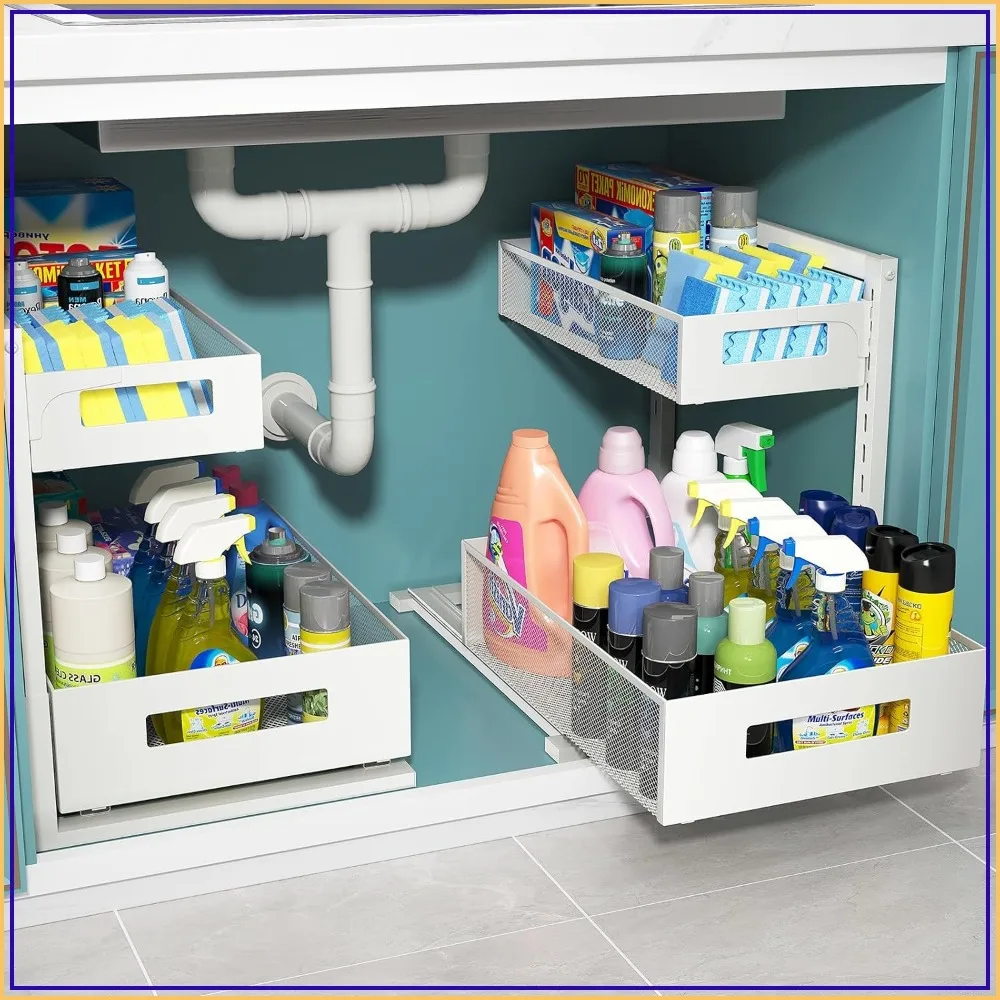 Under Sink Organizer 2-Pack, Heavy Duty Steel, Slide Out Cabinet Storage for Kitchen Bathroom Pantry, White
