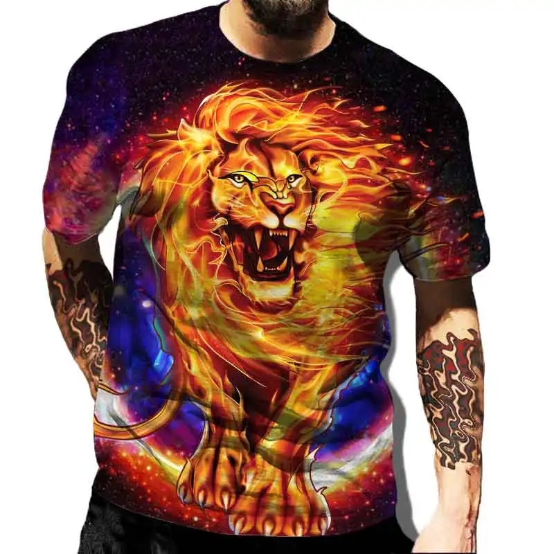 

Special Effect Lion Pattern Men's Black T-shirt Loose Hip Hop Casual T shirts Daily Home Short Sleeve O-Neck Clothing Top 6XL